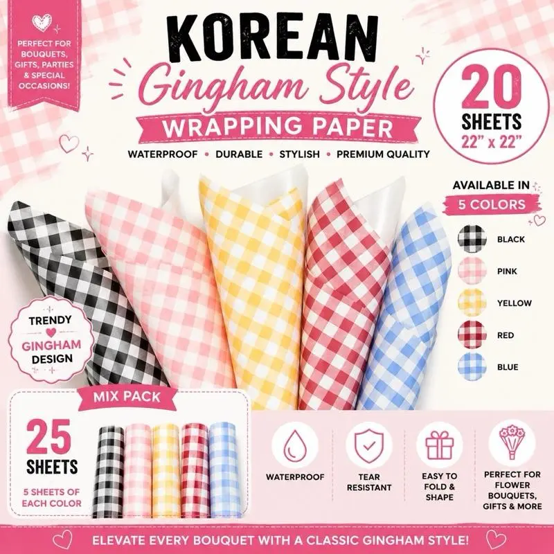 Korean Gingham Waterproof Flower Wrapping Paper 20 Sheets 22x22 Bouquet Wrap