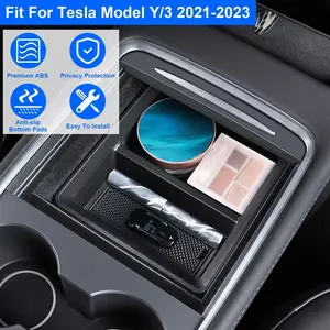 Premium ABS for Tesla Model 3/Y 2021-2023 Center Console Organizer Tray - Sleek Black, Privacy-Enhanced Storage for Accessories with Easy Slide-Out Design & 2 Detachable Silicone Pads for Stability