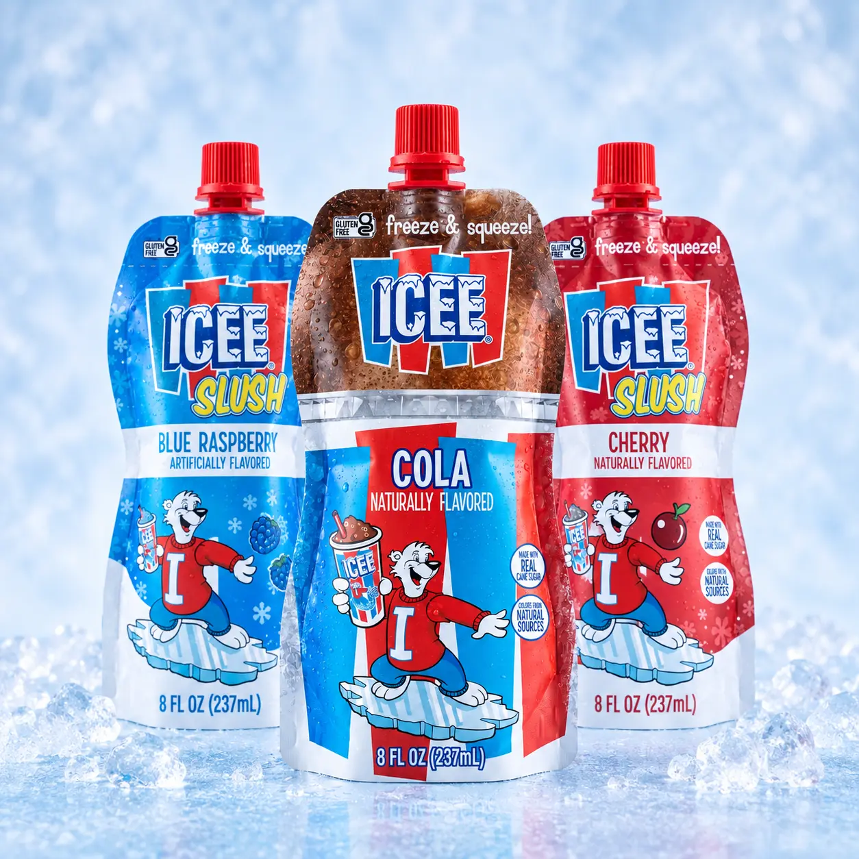ICEE Fruit-Flavored Beverage 12-Pack | 8 fl oz Freeze & Squeeze Pouches | Cherry, Cola & Blue Raspberry