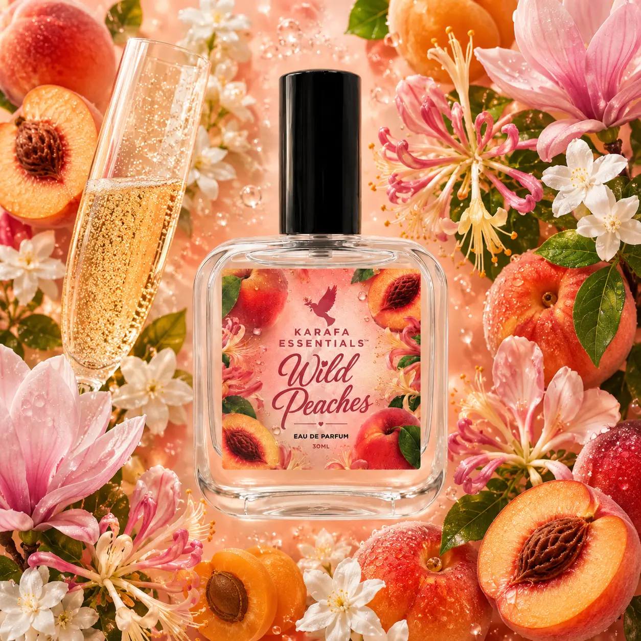 Wild Peaches Eau De Parfum (EDP) Sparkling Prosecco, Peach, Apricot, Juicy Berry, Waterfruit, Honeysuckle, Magnolia, Wild Jasmine, Bergamot, Sugared Musk, Sandalwood, Teakwood by Karafa Essentials