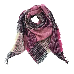 Fashion Culture Plaid Soft Knit Triangle Winter Scarf Shawl, Pink Multi