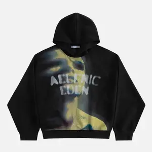 Aelfric Eden Unisex Oversized  Graphic Hoodies Abstract Human Face Print Washed Hoodie Vintage Street Trendy Y2k Hooded Pullover Tops Clothes Cotton