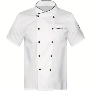 Men's Summer Chef Uniform Short Sleeve - Breathable Polyester Kitchen Coat with Adjustable Straps, Chest Pocket & Black Piping Trim for Professional Cooks, Culinary Staff & Waiters - White, Food Service Apparel, Classic Chefwear, Durable Kitchenwear, Rest
