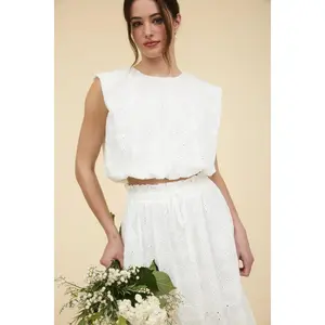 EYELET SLEEVELESS BALLOON HEM BLOUSE Cotton Round Neck  Girly Shirts Top, Cute and perfect for your spring and summer.