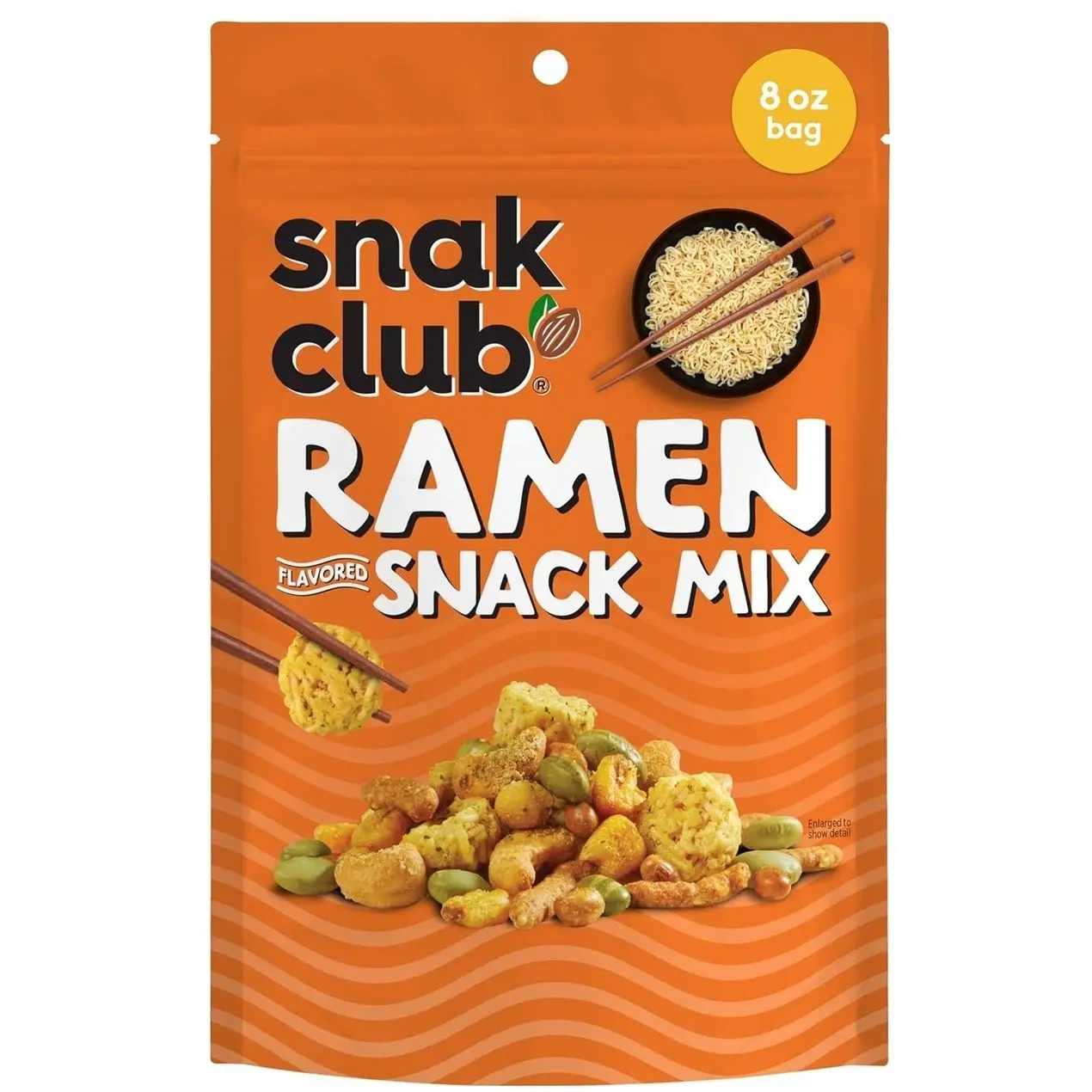 Snak Club Ramen Flavored Snack Mix, Crunchy Ramen Pieces, Toasted Corn, Sesame Sticks, Peanuts, Cashews, Soybeans, Edamame, 8 oz Resealable Bag