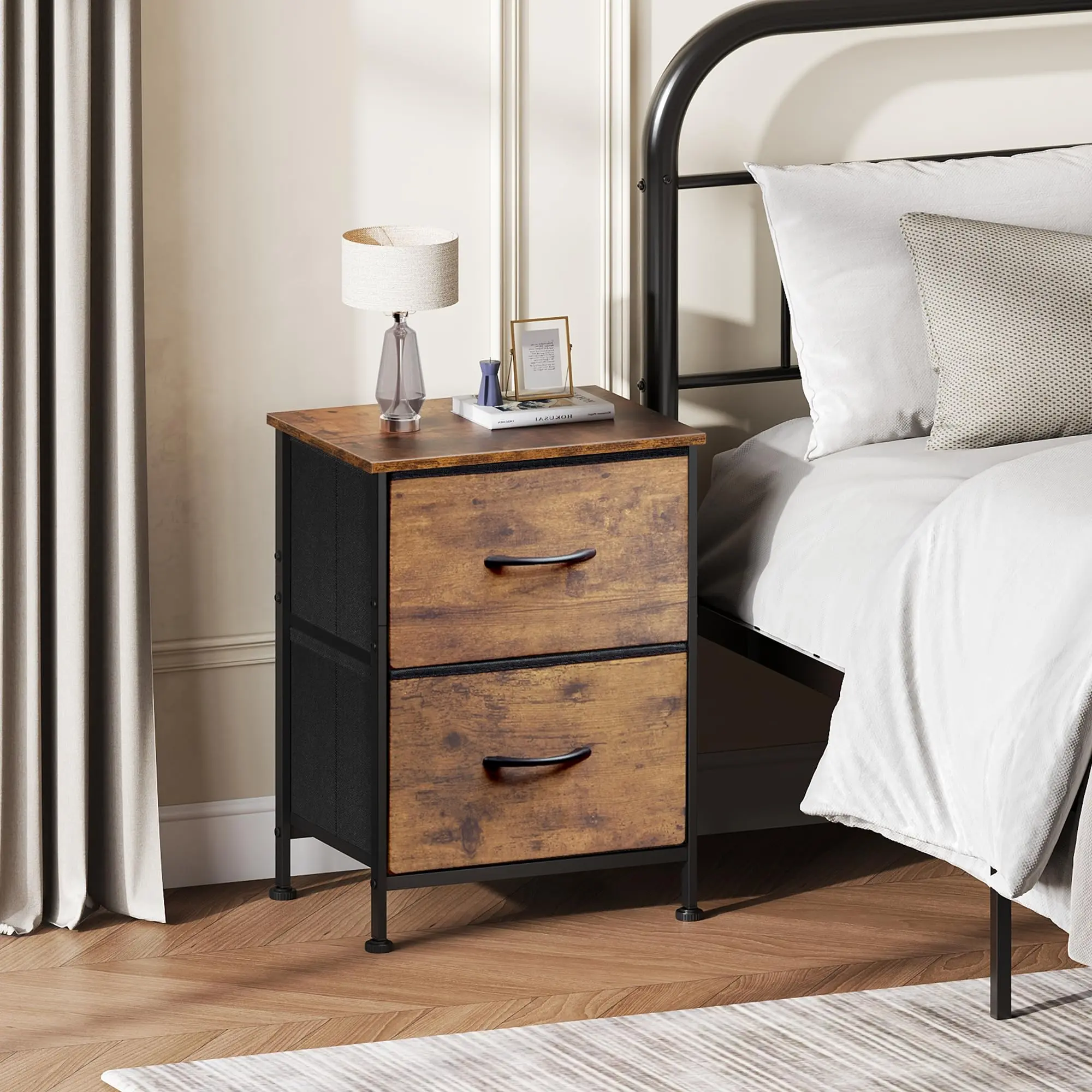 Rustic Brown Wood-Top 2-Drawer Compact Bedroom Side Table with Neutral Fabric Bins, Sturdy Surface, Reinforced Frame, Stable Base, Adjustable Feet, Easy Setup (Assembly Required), Small Space Home Storage Organizer (15.7"W x 11.8"D x 20.9"H), Side Tables