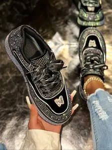 Women's Rhinestone Chunky Sole Dad Shoes, Satin Bow Water Drill Closed Casual Sneakers, Height Increasing Party Sport Shoes Walking Shoes