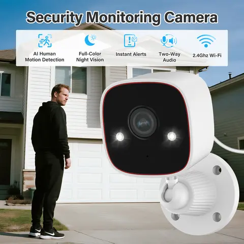 Jennov 2K HD Camera Security - 2.4G WiFi Wireless Model with Built-in Light, Color Night Vision, AI Technology Security Cameras & Systems, 2-Way Audio, IP66 Waterproof, Recording, Micro SD Compatibility, Smart Home Protection Gadget