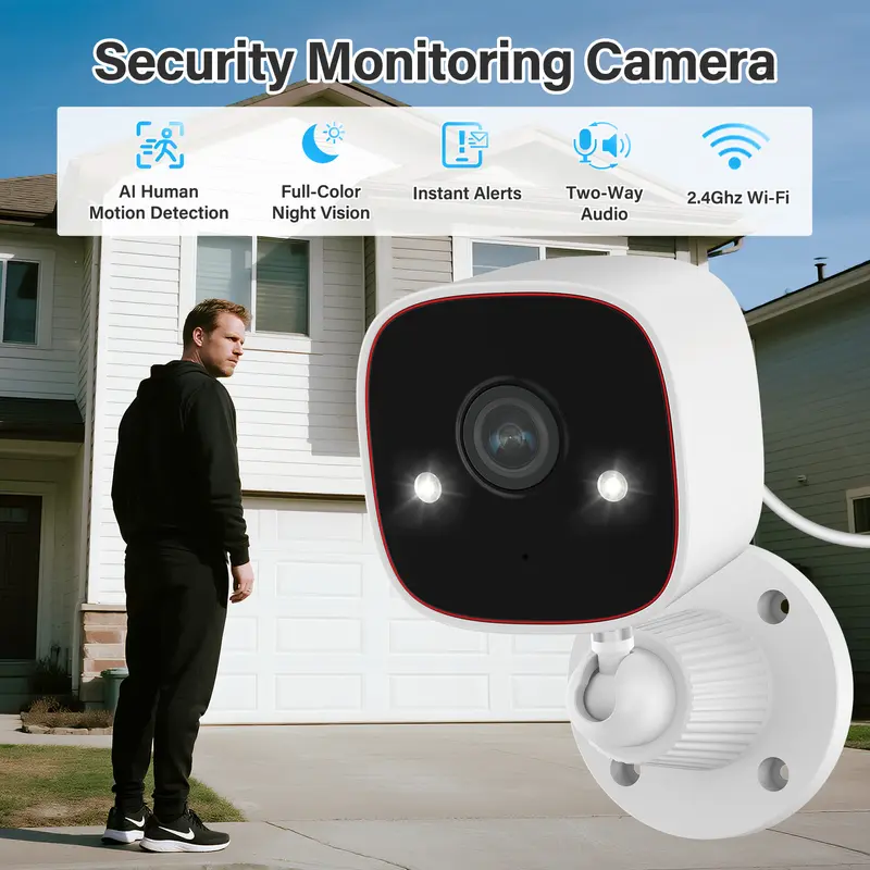 Jennov 2K HD Camera Security - 2.4G WiFi Wireless Model with Built-in Light, Color Night Vision, AI Technology Security Cameras & Systems, 2-Way Audio, IP66 Waterproof, Recording, Micro SD Compatibility, Smart Home Protection Gadget