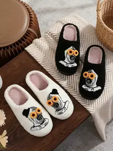 Women's Stylish Horror Cartoon Embroidered Plush Breathable Slippers, Soft and Comfortable Black Home Shoes for Men and Women,  Ideal Halloween Gift, Footwear