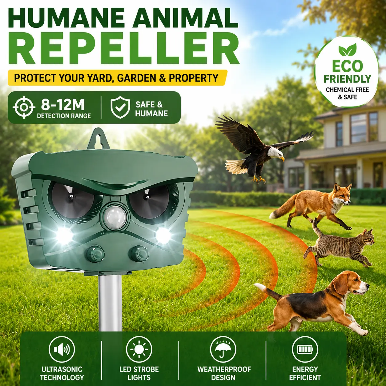Solar Powered Ultrasonic Animal Repeller Portable USB Rechargeable Motion Activated Pest Deterrent for Garden Patio Yard Outdoor Cat Dog Deer Skunk Raccoon Squirrel Repellent Device