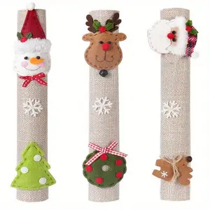 3 Refrigerator Door Handle Covers, Santa Claus, Snowman, Reindeer Designs, Polyester Fiber Grip Covers Kitchen Appliances, No Batteries Required.