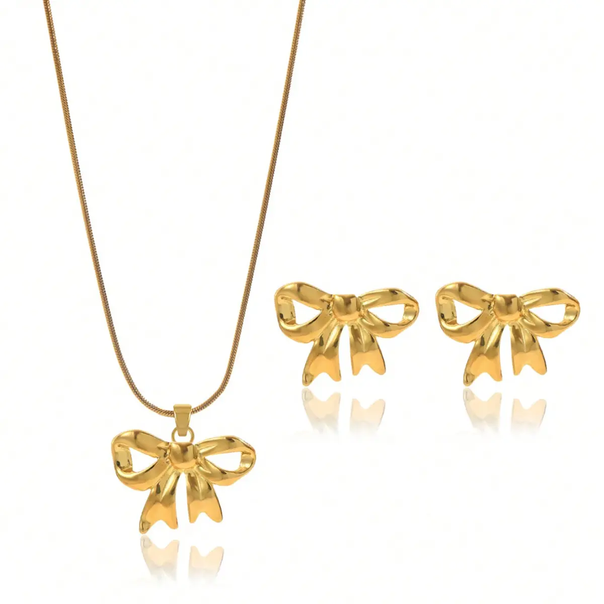 18K Gold Plated Bow Mirror Jewelry Set, Hypoallergenic Skin-Safe Necklace & Earrings for Weddings/Gifting, Never-Fade Adjustable Luxury with Precision-Cast Ribbon