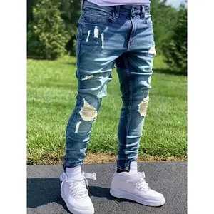 Men's Fit Distressed Skinny - 65% Cotton Blend Ripped Denim, Machine Washable All-Season Casual for Casual Attire Menswear Polyester