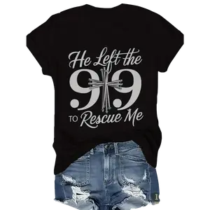 Women's Polyester Spandex Blend T-Shirt, Crew Neck, Woven Fabric, with "He Left The 99 to Rescue Me" Print, for Spring/Summer