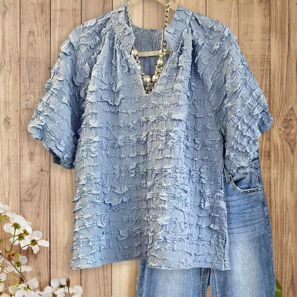 Sage Vell Blue/Green Textured V Neck Blouse Short Sleeve Loose Fit Casual Solid Color Ruffle Trim Top For Daily Vacation Office All Match Basic Wear