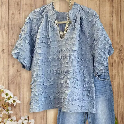 Women's Sage Vell Blue-Green 240g Crinkle Fabric Short-Sleeve V-Neck Blouse - Loose Fit, Ruffle Trim, Solid Color, Modest Business Fashion - Ideal for Business Casual, Evening Outings, Clean Minimalist Tops, 240G Fabric