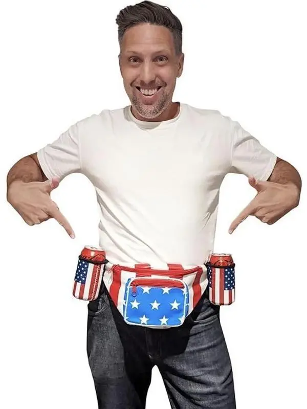Men's Belt Pouch Fanny Pack Holster - USA Themed Plastic Snap Graphic Design - All-American Classic Party Costume for 4th of July, Red, Waterproof