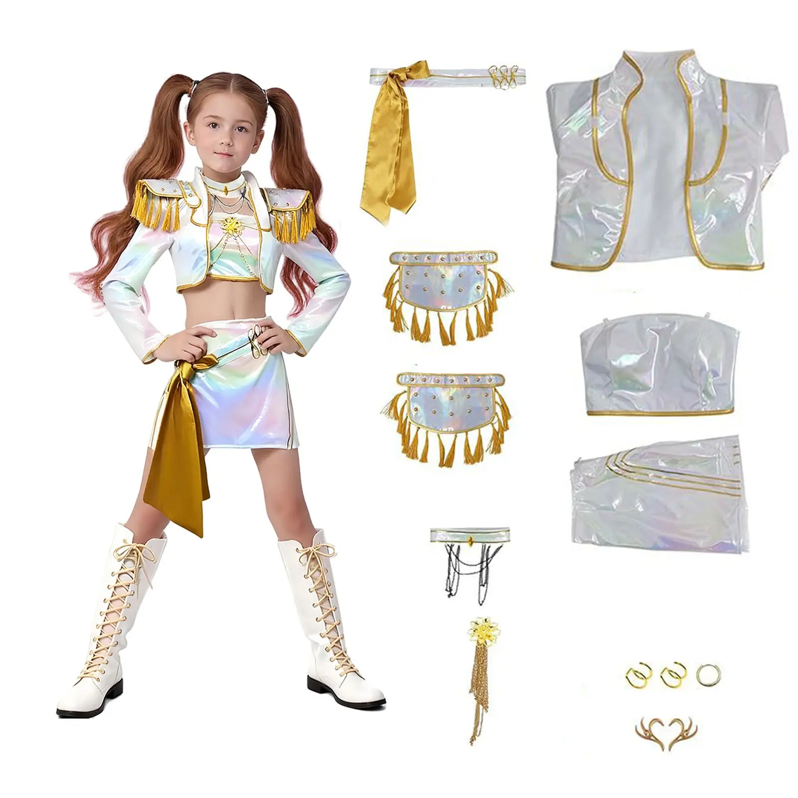 Girls' Viral KPop Dance Costume - Sparkly 2-Piece Skirt & Top Set, Comfortable Stretchy Polyester Fabric, Dramatic Details for Dance Performance, Party Events