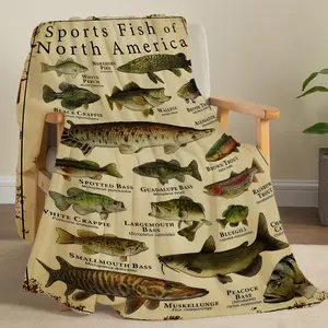 Sport Fishing Blanket Bass Trout Animal Print Flannel Fleece Throw Rustic Cabin Lodge Room Decor Soft Warm Plush Cozy Bedding Couch Sofa Outdoor Fisherman