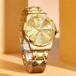 OLEVS Men's Fashion Business Quartz Watch: Split mirror face, luminous hands, gemstone accents, date display—embodying contemporary style. 5609 Casual Trendy Wristwatch