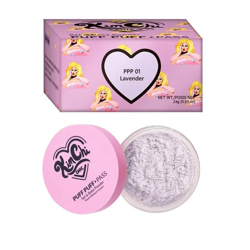 KimChi Chic Puff Puff Pass Set & Bake Powder, Lavender Color Setting Powder, Long Lasting Oil Control Baking Powder, Color Corrector Loose Powder, Blur Pores Brighten Complexion Makeup, 24g