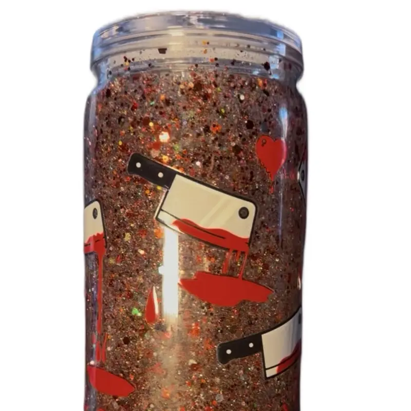 Bloody Sprinkler Tumbler - Handmade Horror Glitter Cup with Red Blood Accents & Butcher Cleaver Design - Perfect for Halloween & Horror Fans