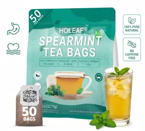 HoLeaf Spearmint Tea Bags, 50 Count Individually Wrapped, Caffeine Free Herbal Tea, Compostable Eco Friendly, Fresh Cooling Mint Flavor, Foil Sealed for Freshness, No Additives, Hot & Iced Tea for Daily Use