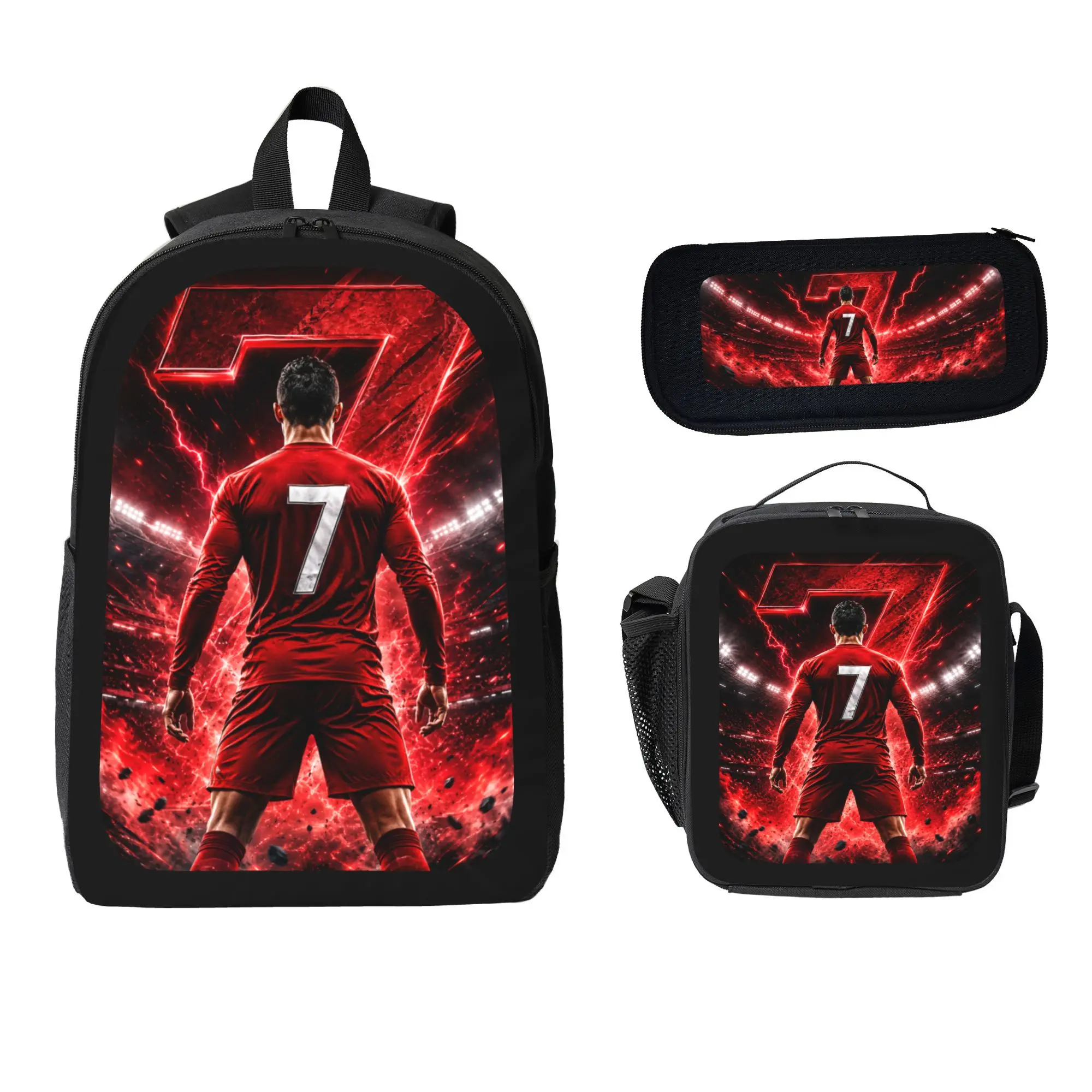 3 Piece Soccer Number 7 Backpack Set for Kids and Teens, Sports School Bookbag with Insulated Lunch Shoulder Bag and Pencil Case, Lightweight Travel Daypack with Padded Straps for School, Training, Gym and Outdoor Use
