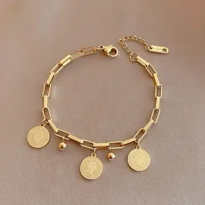 1PCS Gold-color Bracelet Ladies Hip Hop Style Stainless Steel Round Sign Portrait Pendant Wide Cross Chain Jewelry Accessories