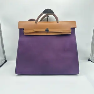 Pre-owned HERMÈS h9 HerBag 39, cowhide/silver hardware/purple canvas, top handle and crossbody bag 62891