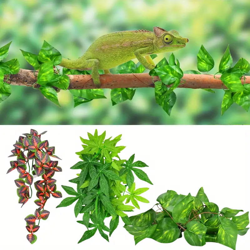 Set Of 3 Reptile Plant Set,Glass Container Hanging Vines with Suction Cups,Artificial Leaves Habitat Decor for Bearded Dragon, Hermit Crab,Lizard,Snake,Gecko,Chameleon,All-Season,Pet Supplies for Cages
