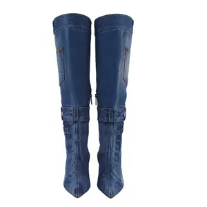 Belovely Women's Denim High-Heeled Mid-Calf Boots  Pointed Toe, Comfortable Rubber Padded Sole, Elegant Casual Footwear (Order One Size Up) Walking Shoes Girl Shoe Soft