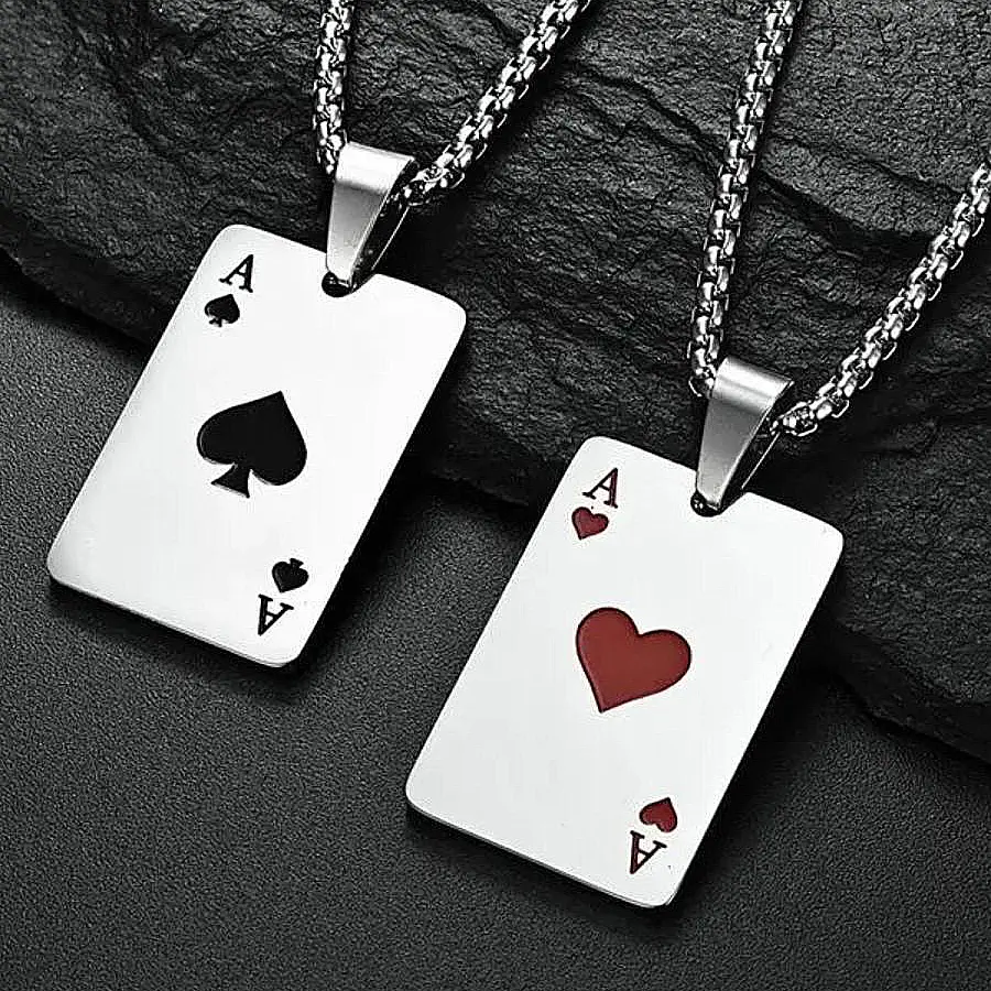 Trendy Stainless Steel Poker Card Pendant Necklace - Ace of Hearts (Red), Ace of Spades (Black) - Casual Style Jewelry for Women, Men's Jewelry, Party Gift