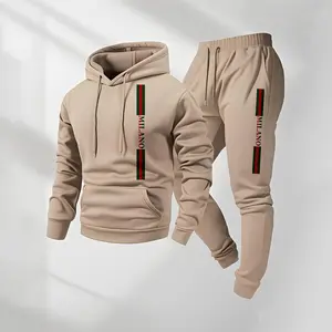 Men's 2-Piece MILANO Letter Print Hoodie & Drawstring Mens Sweatpants Set - Long Sleeve, Pockets, Casual Athletic Fall Winter Sportswear, Streetwear for Daily Indoor & Outdoor Activities