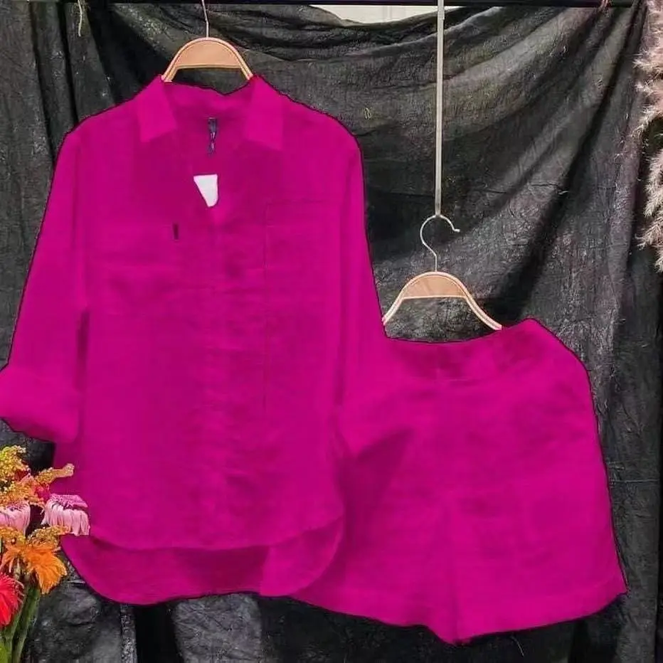 2025 summer new solid color cardigan long sleeve casual shorts two-piece suit