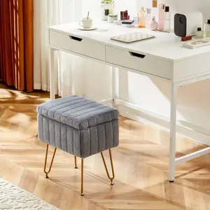 Vanity Stool Chair Faux Fur With Storage, Soft Ottomans 4 Metal Legs With Adjustable Anti-Slip Feet Thick Padded Seat Modern Multifunctional Bedroom Chairs For Makeup