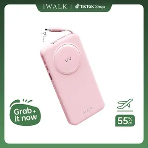 iWALK 10000mAh Compact Power Bank, 30W PD Retractable USB-C Fast Charging Charger for iPhone 16/15 Pro Max, Samsung Galaxy, Pixel, MacBook Air, Pink Cable Smartphone Portable Rechargeable Battery Lightweight Rechargeable