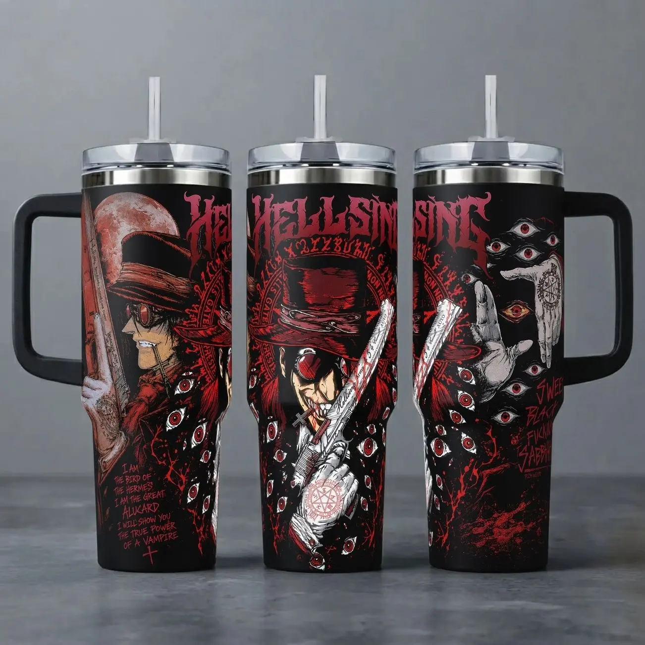 Hellsing Alucard Stainless Steel Insulated Tumbler - 20oz/40oz Reusable Portable Coffee Mug with Silicone Handle, Straw, Lid, "Bird of Hermes" Vampire Hunter Art Print, Gothic Anime Fan Merch, Dark Fantasy Gift