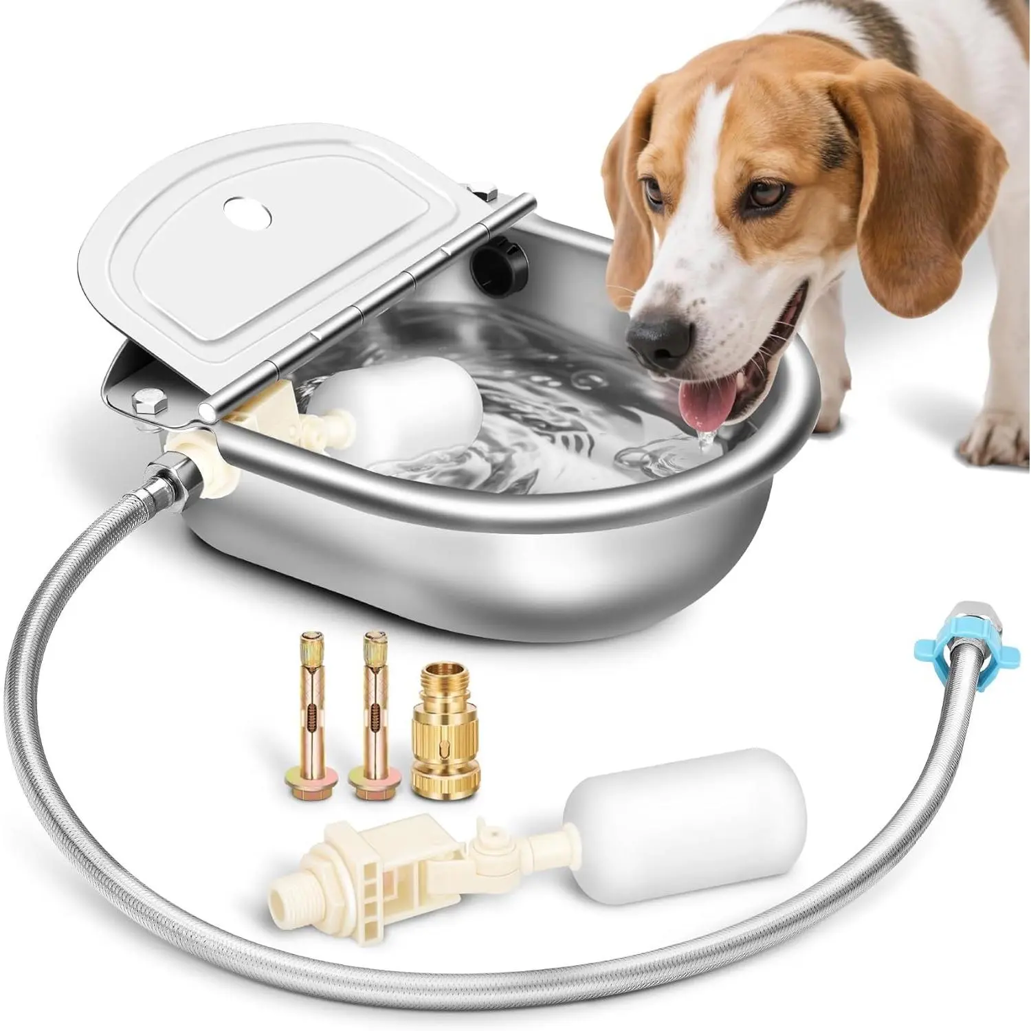 304 Stainless Steel Automatic Water Feeder Bowl with Float Valve Kit - Auto-Filling Fountain, 1/2" to 3/4" Fit, 80cm Pipe, Quick Connector Adapter, Countersunk Bolts, 2 Valves for Dogs, Cats