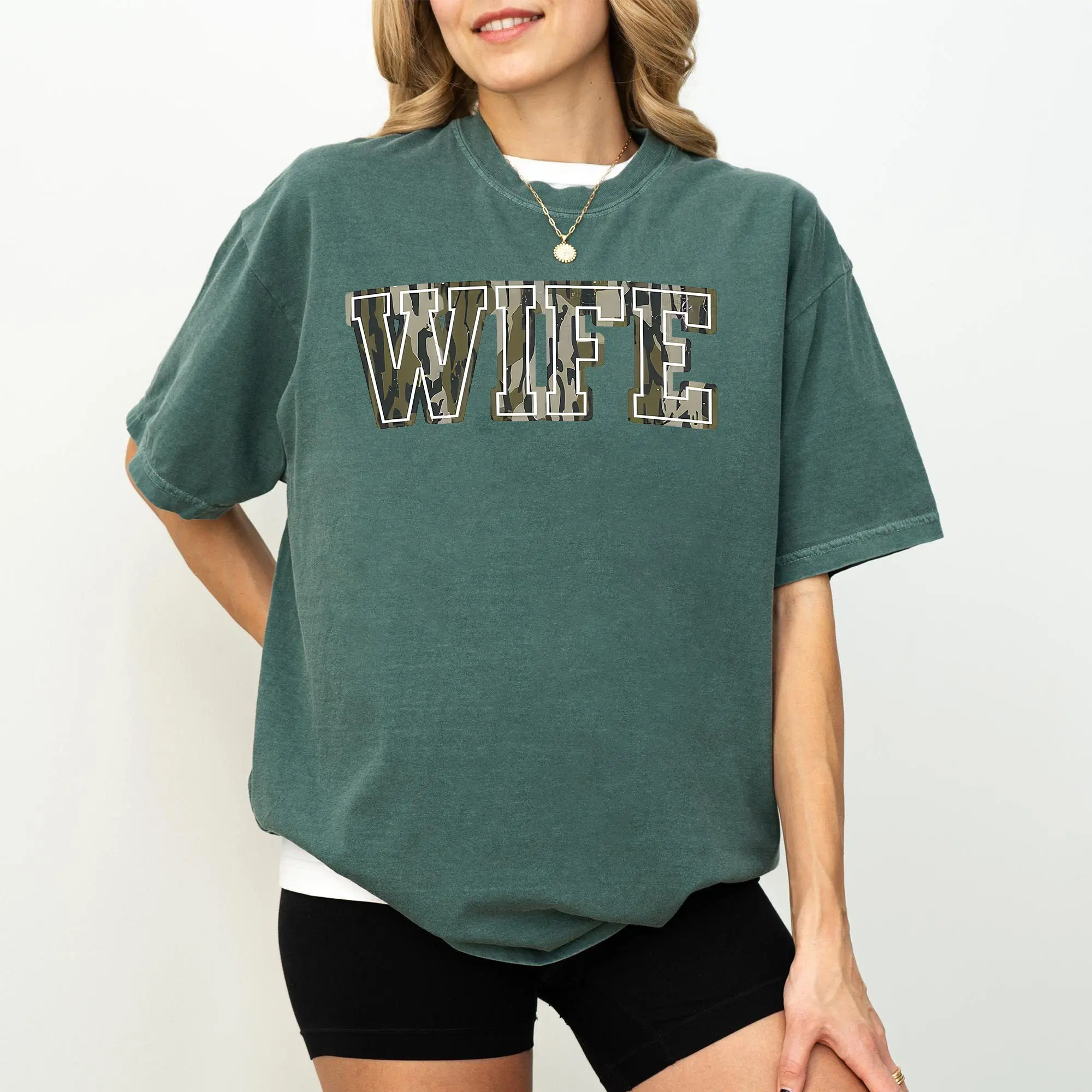 [Comfort Colors] Varsity Wife Camo Bow T-Shirt, Scalloped Bottomland Camo Monogram Shirt, Old School Camo Girl Camo Shirt, Unisex Cotton T-Shirt Full Sizes Full Color for Men for Women