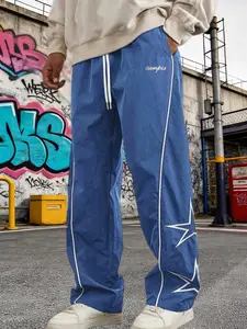 Men's American Street Long Pants, Streetwear, Block, Star Pattern, Embroidered Drawstring Waist, Wrinkle Resistant, Casual Commuter Trousers