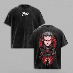 Roronoa Zoro Theme T Shirt One Piece Anime Swordsman Top Vintage Washed Oversized Streetwear Fashion Tops Pirate Hunter Zoro Print Casual Anime Tee