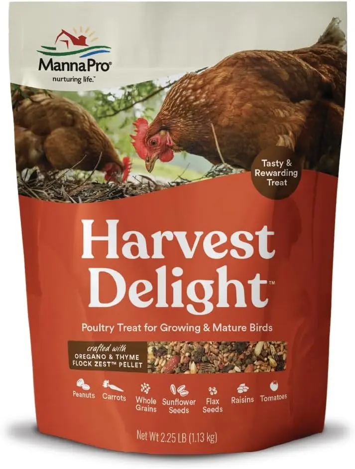 Manna Pro Harvest Delight Poultry Treat, Whole Grain & Seed Mix with Fruits & Vegetables, 14% Protein Snack for Chickens, Ducks & Mixed Flocks, 2.25 lb | Whole Grain & Seed Treat Mix, Fruits & Vegetables, 14% Protein Snack