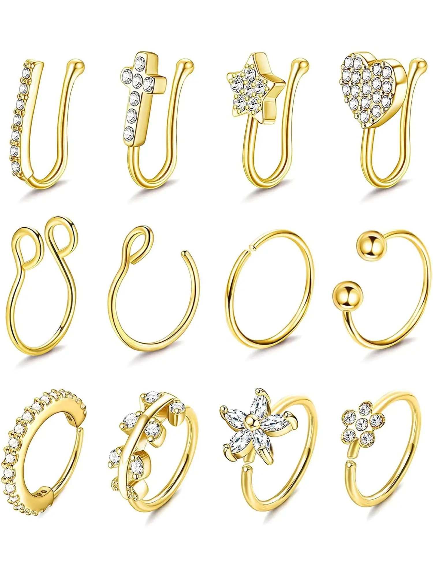 12-piece set of 20g stainless steel fake nose rings for women and men: septum, flower, star, leaf clip and nose cuff styles. Non-piercing nose rings, fake nose rings, nose ring jewelry, hoop and body jewellery.