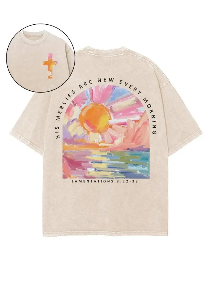 Men's Vintage Washed Graphic T-Shirt, Soft Cotton Short Sleeve Round Neck Top, Oversized Relaxed Fit with Abstract Sunset Art & Verse, Shortsleeve, Hand Wash, All Seasons, Printed Art, Abstract Art