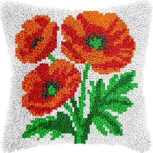 Poppy Flowers Latch Hook Pillow Kits for Adults Beginners DIY Throw Pillowcase Kit with Soft Backing, Pre-Printed Rug Making Kits Needlework Cushion for Home Sofa Decoration 17x17 Inch