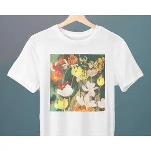 Men's spring flowers and fine art Graphic T-Shirt - Short Sleeve Crew Neck Regular Fit Casual Wear | Soft & Breathable Fabric, Durable Print, Everyday Comfort, Machine Washable, impressionist painting a vibrant floral garden with tulips and other blossoms