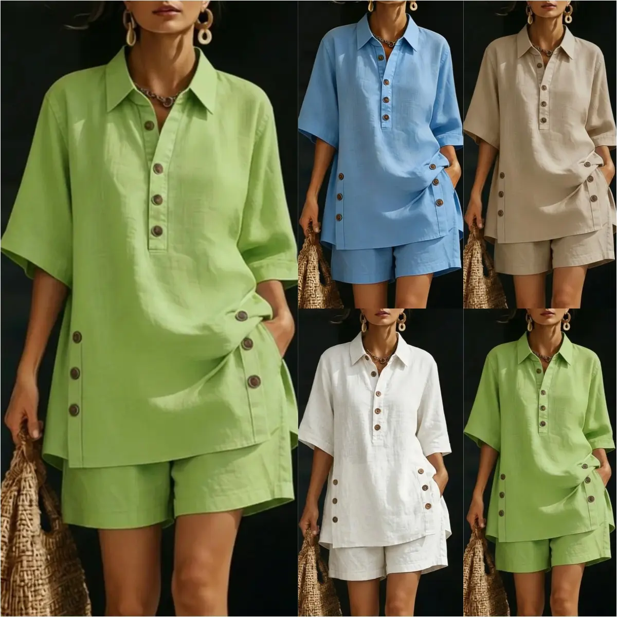 Plus-size women's suit, new women's clothing, two-piece set with short-sleeved shirt and loose pants