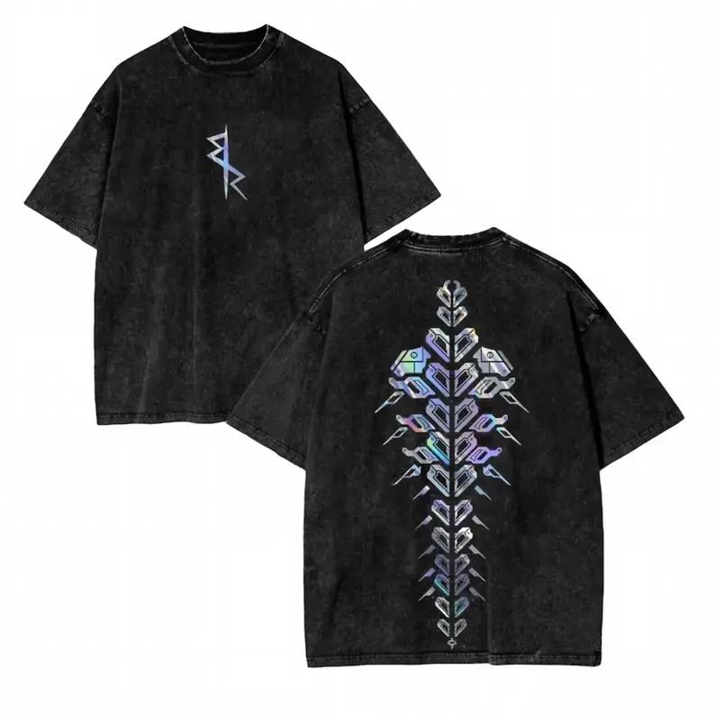 ST 100%cotton Vintage Wash Cyber Metal Phantom Liberty Video Game Merch Metalhead Fan Gift,fathersdaygift ，Hologram Tech Symbol Front Chest Futuristic Back Spine Graphic Tee Futuristic Cyber Y2K Alt Techwear Otaku Streetwear Merch